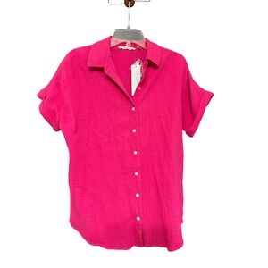 Soft Surroundings Pink Gauze Button Down Shirt Sz M Short Sleeve Coastal NWT